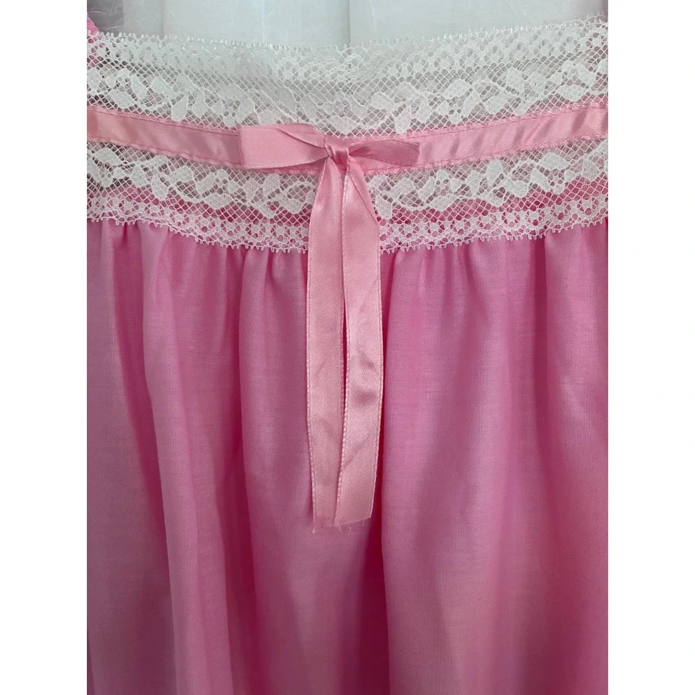 Mistra Vintage Pink Lace Trim‎ Nightgown Maxi Sleepwear Medium Cottagecore Bow